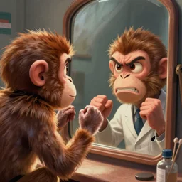 lofi monkey in front of a mirror reflecting anger of a human face, symmetrical hands, doctors mirror, Pixar style by Tristan Eaton Stanley Artgerm and Tom Bagshaw, high detail