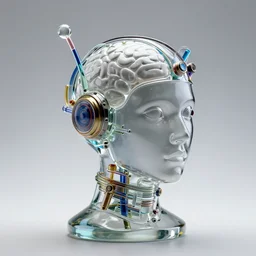 a glass statue of a steampunk futuristic robot head wearing brain sensors with multicolored tubes, 8 k, front shot, symetrical, flourescent colors, halluzinogenic, multicolored, insanely detailed, front shot, 3 d render, octane
