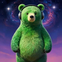a green realistic humanoid bear with headphones looking in front of the camera by inio asano, beeple and james jean, aya takano color style, 8 k, super detailed, night sky, digital art, digital painting, celestial, majestic, colorful, front