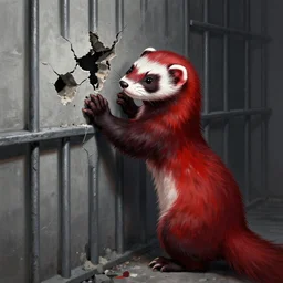 a digital painting of an red - and - black weasel - ferret - stoat fursona / furry ( character from the furry fandom ), scratching and chiseling on a prison cell wall in order to create cracks and impressions, embraced by blessed madness, the paint flows through the nooks and crannies of the partition, the art style of paul lehr and joe jusko gone dark