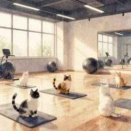 watercolor illustration style, cute! cats! training in the fitness studio!