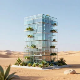 a building made of rectangle tetris, in the desert, glass and plants, octane render, trending on artstation
