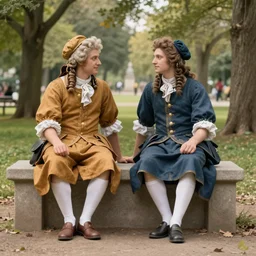 Two humans in a park, baroque style.