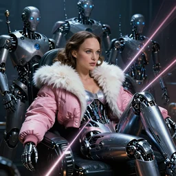 beautiful fantasy character portrait of a natalie portman with cyborg, wearing pink puffy bomber jacket with white fur, seductive reclining pose, lasers, ultra realistic, dramatic lighting, robots, the fifth element artifacts, highly detailed by peter mohrbacher, hajime sorayama, wayne barlowe, boris vallejo, aaron horkey, gaston bussiere, craig mullins