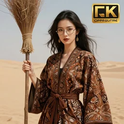 an anthropomorphic beautiful goddess female wizard portrait holding a broomstick wearing batik robe in a desert, round glasses, fine art, award winning, intricate, elegant, sharp focus, octane render, hyperrealistic, cinematic lighting, highly detailed, digital painting, 8 k concept art, art by jamie hewlett and z. w. gu, masterpiece, trending on artstation, 8 k