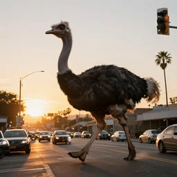 A giant Ten foot tall prehistoric chicken like ostrich hybrid bird runs along sunset boulevard thru traffic, Hyperreal