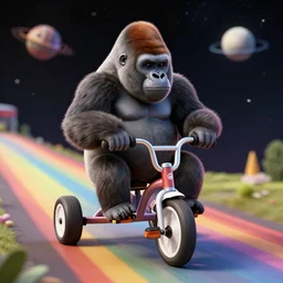 A photo of a fat gorilla riding a tricycle on a rainbow road in space.
