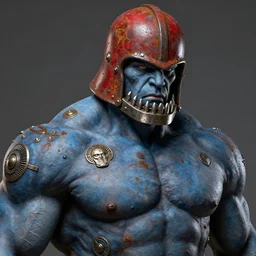 solid thick super muscly male portrait, rusty red helmet, large metal jaw, blue skin, ultra realistic, intricate details, the fifth element artifacts, highly detailed by peter mohrbacher, allen williams, hajime sorayama, wayne barlowe, boris vallejo, aaron horkey, gaston bussiere, craig mullins