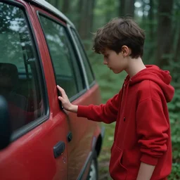 boy in red is knocking the front door of a cabine in a forest, detailed, strong lighting, very conherent, by aenami and alena, trending on artstation
