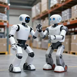 a high quality picture of 2 humanoid robots in a warehouse. they are having fun.