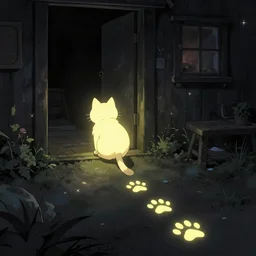 Glowing cat leaving pawprints through a dark house Ghibli style