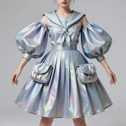 designer magical figure collection haute couture, sailor uniform, midi skirt, coat pleats, synthetic curves striking pose, ball shaped accordion sleeve, dynamic folds, cute huge pockets hardware, volume flutter, youthful, modeled by modern designer bust, body fit, award fashion, holographic tones, expert composition, high detail, professional retouch, editorial photography