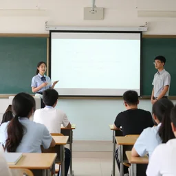 a group of five students presenting in front of classroom