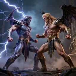 zeus fighting chronos, lightning, realistic