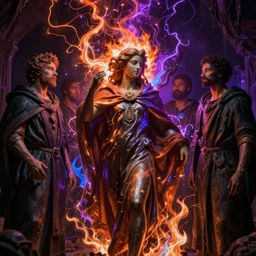 darker shades of hopeful sins by michael whelan and peter driben and quentin massys and hubert robert and greg staples and william etty, beautiful, mythical, cloak, robe, highly detailed, hyperrealistic, intricate, energy, orange and purple electricity, blue flame, low light, high contrast, lifelike