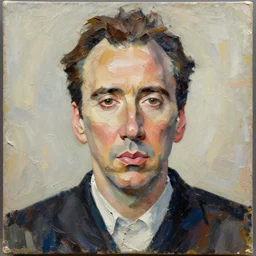 oil paint impasto relief, portrait of nicolas cage, lit from above, multi layered thick brush marks, some splattered paint, in the style frank auerbach and magritte