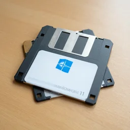3.5 inch floppy diskette with Windows 11 logo on it, on a wooden table, photorealistic