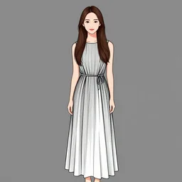 portrait of girl with long brown hair, wearing a long dress, by skirtzzz, clean lines, extremely sharp
