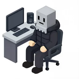 a fullbody isometric sprite of a 🧔🏿 wearing a gray do rag and a black winter puffer coat, sitting in a chair, assets, urban music studio, 8 bit,