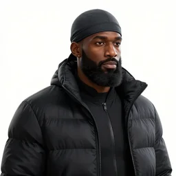concept art render of a handsome black athlete with a big beard wearing a dark gray durag and a black zipped up puffer winter coat, beautiful, fantasy, white background, cinematic lighting, artstation, trending, highly detailed, focus, smooth, by studio ghibli, rossdraws, hirohiko araki, conrad roset, yoshitaka amano