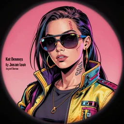 hyper detailed comic illustration of a sexy cyberpunk Kat Dennings wearing a futuristic sunglasses and a gorpcore jacket, markings on her face, by Josan Gonzalez and Geof Darrow, intricate details, vibrant, solid background, low angle fish eye lens