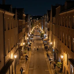 high quality photograph of a city street at night, photo taken at eye height, extremely wide angle, nightlife, people walking, 4 k professional photograph, nice place to live, midrise buildings, narrow streets, soft warm street lamps, small windows, cozy, trending on artstation, detailed, beautiful, photograph, realistic