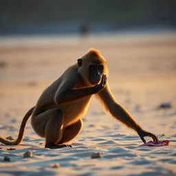 orang - utan doing yoga outdoors at the beach, late afternoon, long shadows, photo, centered, sharp focus, depth of field, 8 k, highly detailed
