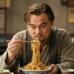 a chinese leonardo dicaprio eating chow mein in ancient china, octane render, rule of thirds, sigma look, beautiful