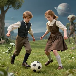 detailed, sharp, a boy and a girl, playing soccer with their pet humanoid alien, wearing 1890s era clothes, in a park on an alien planet, extremely highly detailed, hyperrealistic, highly detailed faces, 70 mm still from a period sci fi movie, 4k