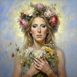 portrait oil painting, an ethereal celine dion, floral headdress, holding flowers, ultra realistic, wide angle, intricate details, artifacts, luminous skies, highly detailed, michael cheval, peter mohrbacher, boris vallejo, jessica rossier, oil painting, highly detailed, cinematic lighting