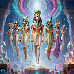 mysterious egyptian dieties hovering over mystical crystal temple, infinite fractal waves, synthwave, bright neon colors, highly detailed, cinematic, eyvind earle, tim white, philippe druillet, roger dean, ernst haeckel, lisa frank, aubrey beardsley, stanley kubrick