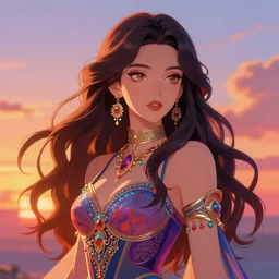 Portrait of a beautiful elegant woman colors, sunset, fantasy, anime, vibrant, intricate details, trending on ArtStation, Deviantart, by WLOP