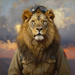 lion warrior  as navy pilot , very textured detailed oil painting panoramic portrait by rembrandt, backlight, dramatic clouds ,sunset