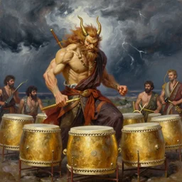 raijin with golden drums. strong storm in the background. realistic, highly detailed, oil painting. by oil painting in a modern style, very detailed, painted by greg rutkowski, sachin teng, thomas kindkade, alphonse mucha, norman rockwelll