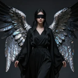 angel clothed in black robes with pearlescent wings and her eyes blindfolded, ultra detailed, 8k, focused, stylized, unreal engine, octane rendered, Peter Mohrbacher