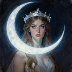 Artemixel, the modern reincarnation of the old selenium god of hunt and moon, also known as Artemis the Selene, carrying the celebrated Crown of the Crescent Moon, wich its usual bright and slightly bluish crescent like the brightness of the night. Portrait by Frank Frazetta, Portrait by Jeffrey Smith, Portrait by Zdzislaw Beksinski, oil on canvas