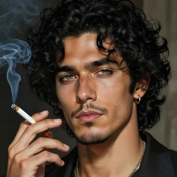 handsome!! hyper realistic man with curly black hair, tan skin, green eyes, anchor goatee, smoking a cigarette | art by hirohiko araki & jean giraud & artgerm