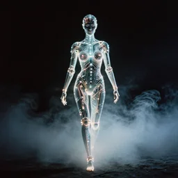 symmetry!! a 2 8 mm macro photograph of a beautiful cyborg covered in glowing circuits, walking out of a plume of smoke, photography, film, film grain, canon 5 0 mm, cinematic lighting