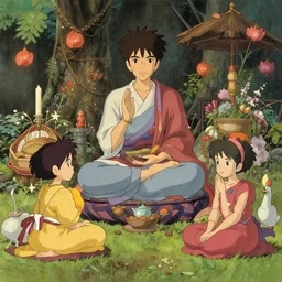 buddhism, festival, in the style of studio ghibli, j. c. leyendecker, greg rutkowski, artem