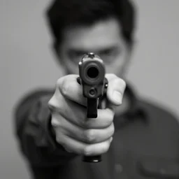 agent 4 7 point his gun toward the camera. 5 0 mm, macro, photo, black and white.