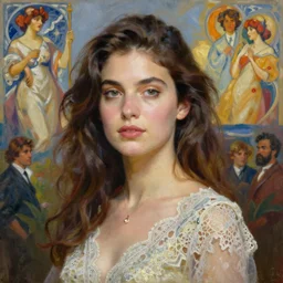 a portrait painting of angela sarafyan, hybrid oil painting, elegant lace clothing, scenic background, art by jeremy pitkin, alphonse mucha, greg rutkowski, tim hildebrandt, boris vallejo, artgerm