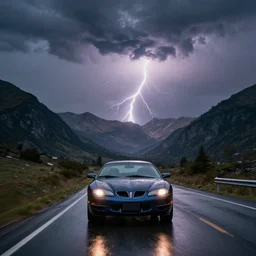 pontiac firebird transam driving towards the camera, mountain scape, landscape photography, mountains, cinematic, wide shot, low angle, huge mountains, thunder storm, lightning, rainy, reflective