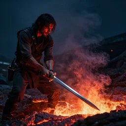 Film still of a man holding a sword over lava, 4k, trending on artstation