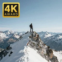 4k award winning photo of a lone man scaling a high peak in the alps