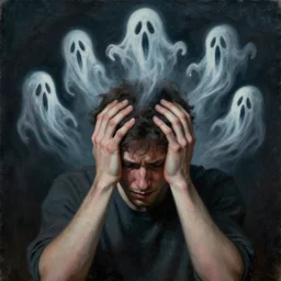 a distressed man holding his head with his hands as ghosts swirl around his head, surrealism, oil painting