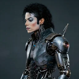 a rugged michael jackson with cybernetic enhancements, scifi character portrait by greg rutkowski, esuthio, craig mullins, 3 / 4 shot, cinematic lighting, dystopian scifi gear, gloomy, profile picture, mechanical, half robot, implants, steampunk