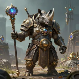 an aetherpunk magical rhinoceros warrior wielding a wizard staff, forward facing angle, character design, art by Tooth Wu and justin gerard and Blizzard studios, post-processing, extremely hyperdetailed, intricate complexity, epic composition, masterpiece, trending on artstation