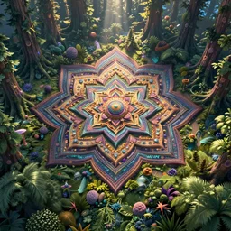 a psychedelic forest mandala, wide angle landscape shot, pixar style by tristan eaton, artgerm and tom bagshaw