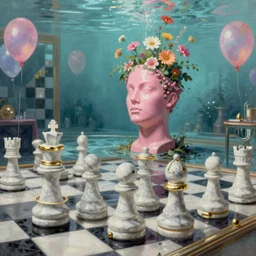 raytraced render, David Friedrich, giant marble chess pieces, gold rings, liminal spaces, party balloons, checkered pattern, mirrors, David Friedrich, award winning masterpiece with incredible details, Zhang Kechun, a surreal vaporwave vaporwave vaporwave vaporwave vaporwave painting by Thomas Cole of an old pink mannequin head with flowers growing out, sinking underwater, highly detailed