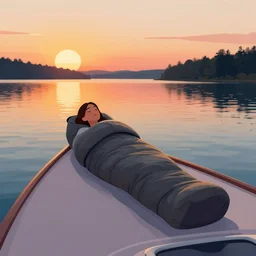 woman in sleeping bag sitting on a yacht on the lake at sunset highly detailed 2 d illustration in matte colors